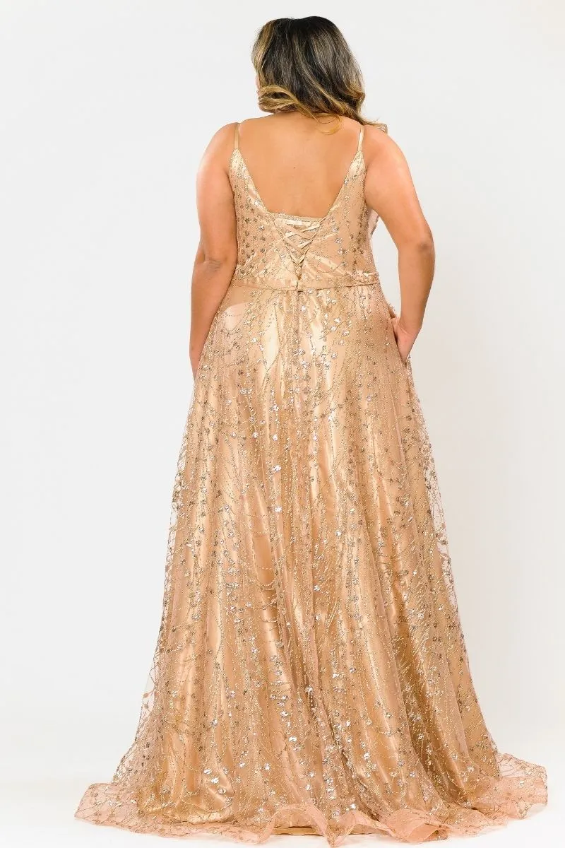 Lindas W1004 Floor Length Glitter Deep Illusion Neck Plus Size Dress