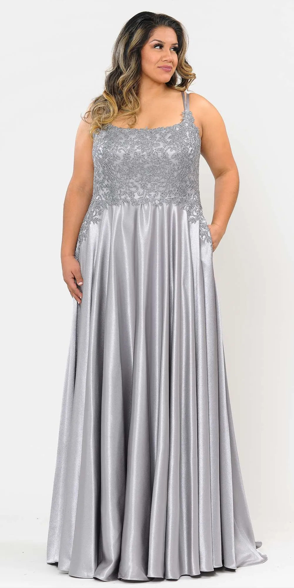 Lindas W1094 Plus Size Long A-Line Sleeveless Embroidered Bodice Gown