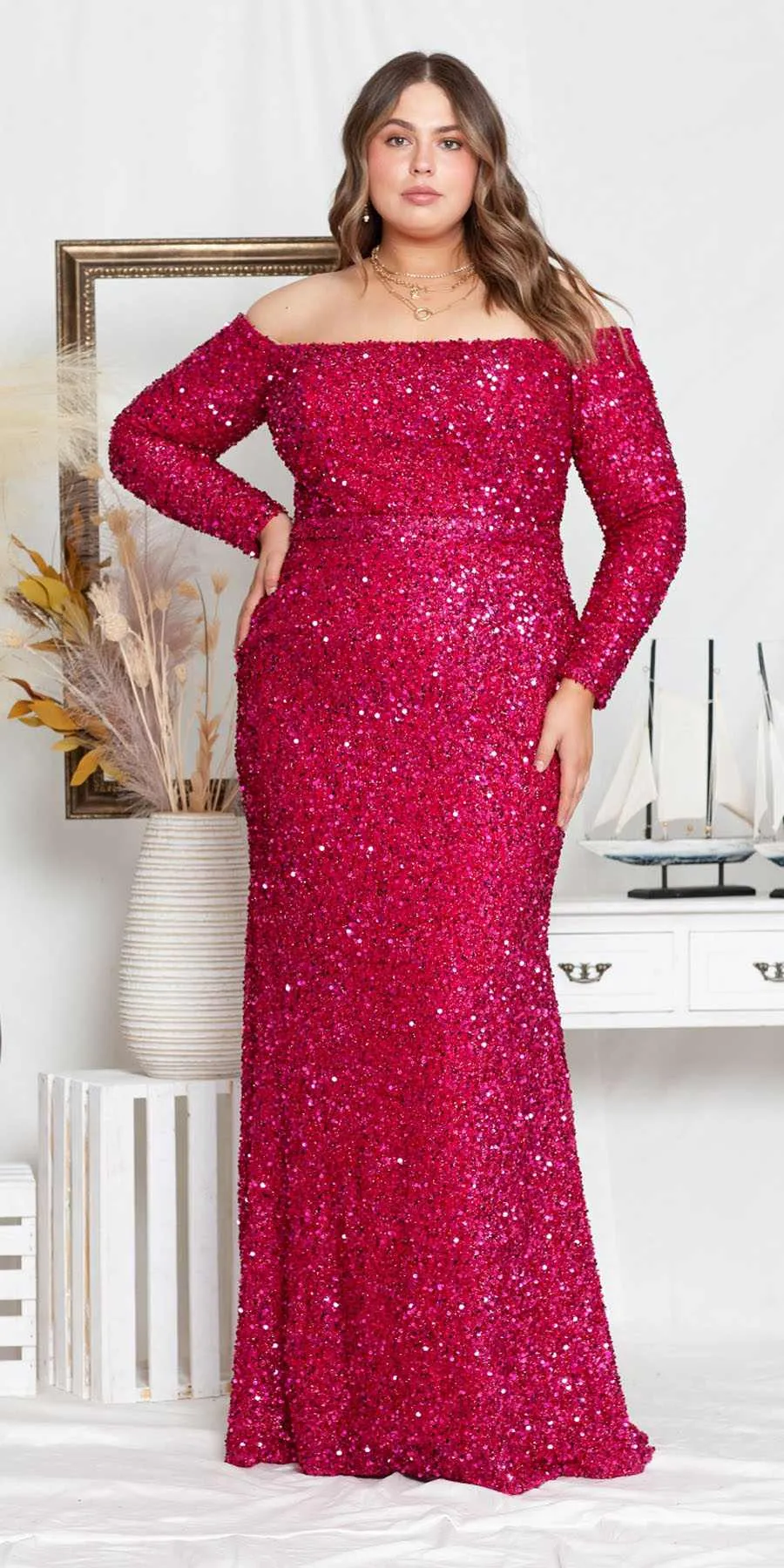 Lindas W8876 Plus Size Long Formal Sequin Off the Shoulder Long Sleeve Gown