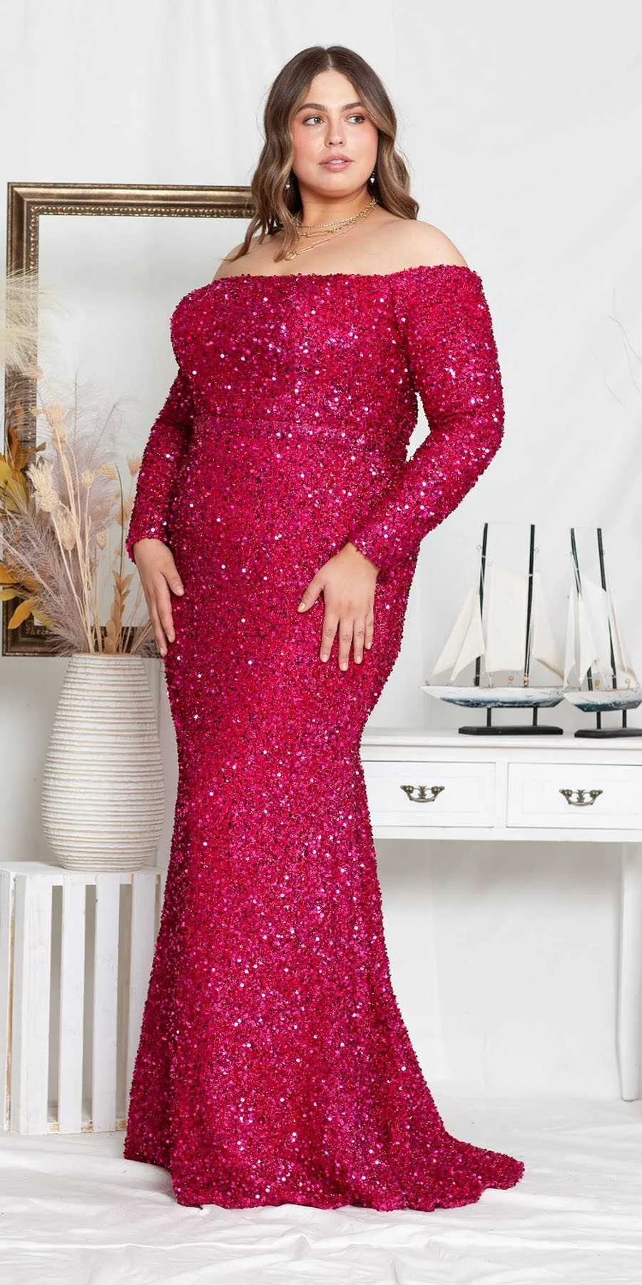 Lindas W8876 Plus Size Long Formal Sequin Off the Shoulder Long Sleeve Gown