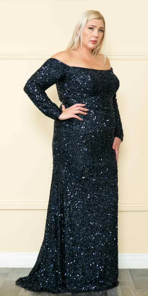Lindas W8876 Plus Size Long Formal Sequin Off the Shoulder Long Sleeve Gown