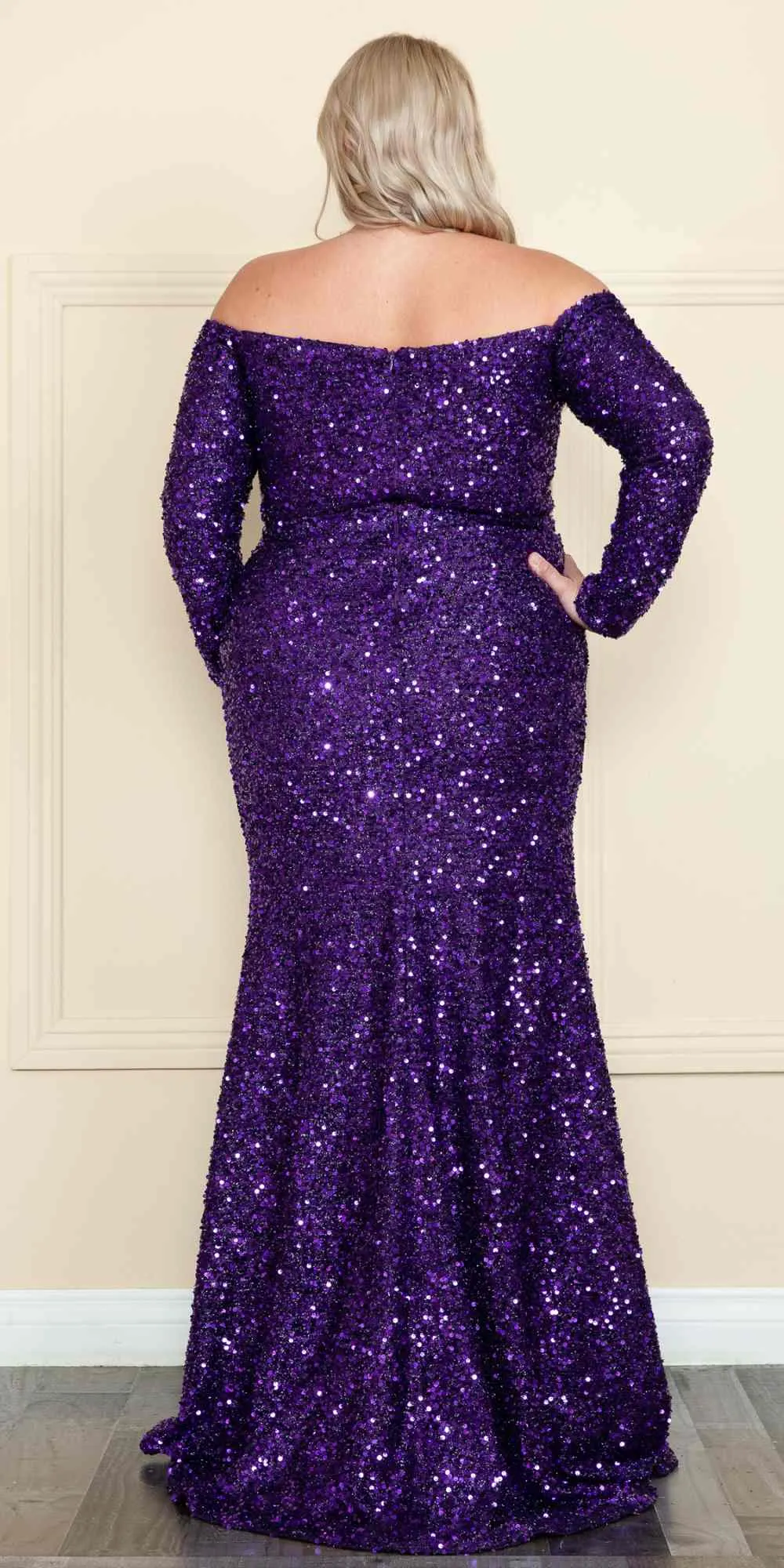 Lindas W8876 Plus Size Long Formal Sequin Off the Shoulder Long Sleeve Gown