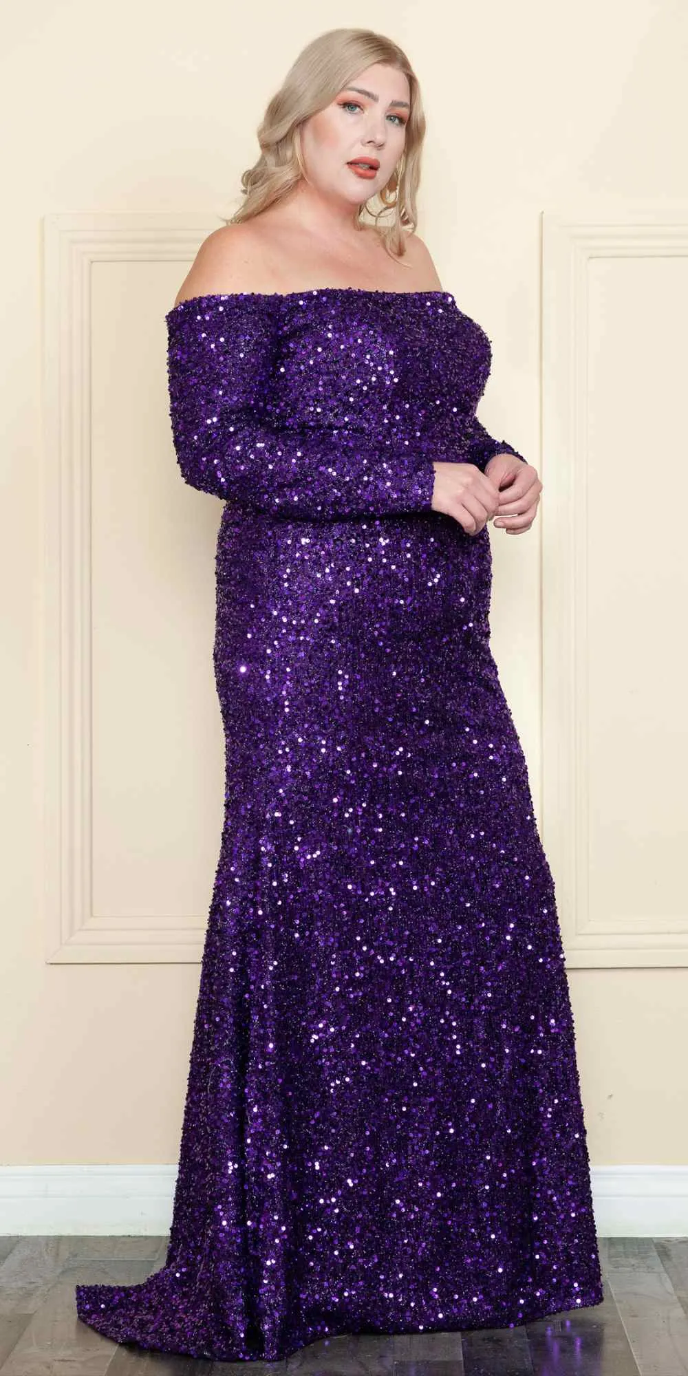 Lindas W8876 Plus Size Long Formal Sequin Off the Shoulder Long Sleeve Gown