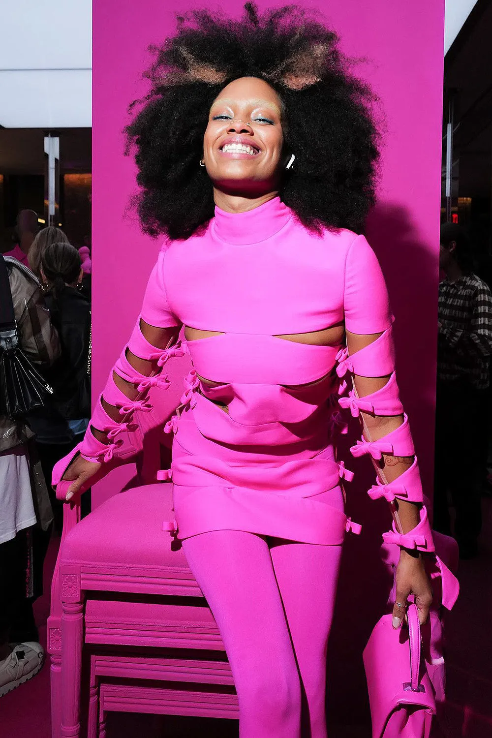 Long Sleeve Hollow Out Mini Bandage Dress In Pink
