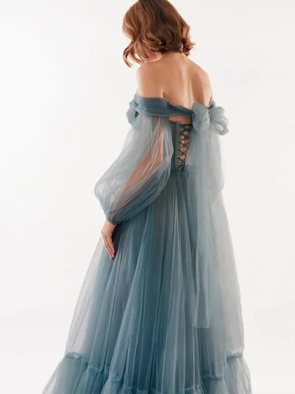 Long Sleeves Off The Shoulder Prom Dresses Floor Length Tulle Party Dresses
