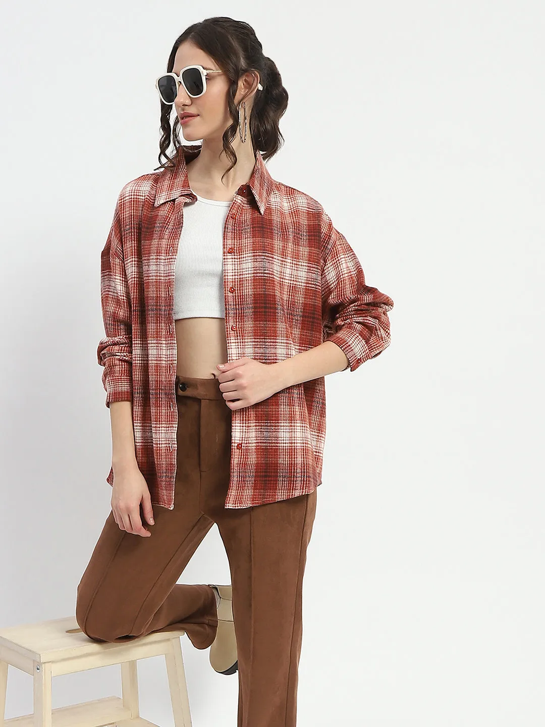 Madame Chequered Long Sleeved Cotton Brown Shirt