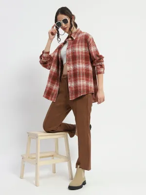 Madame Chequered Long Sleeved Cotton Brown Shirt