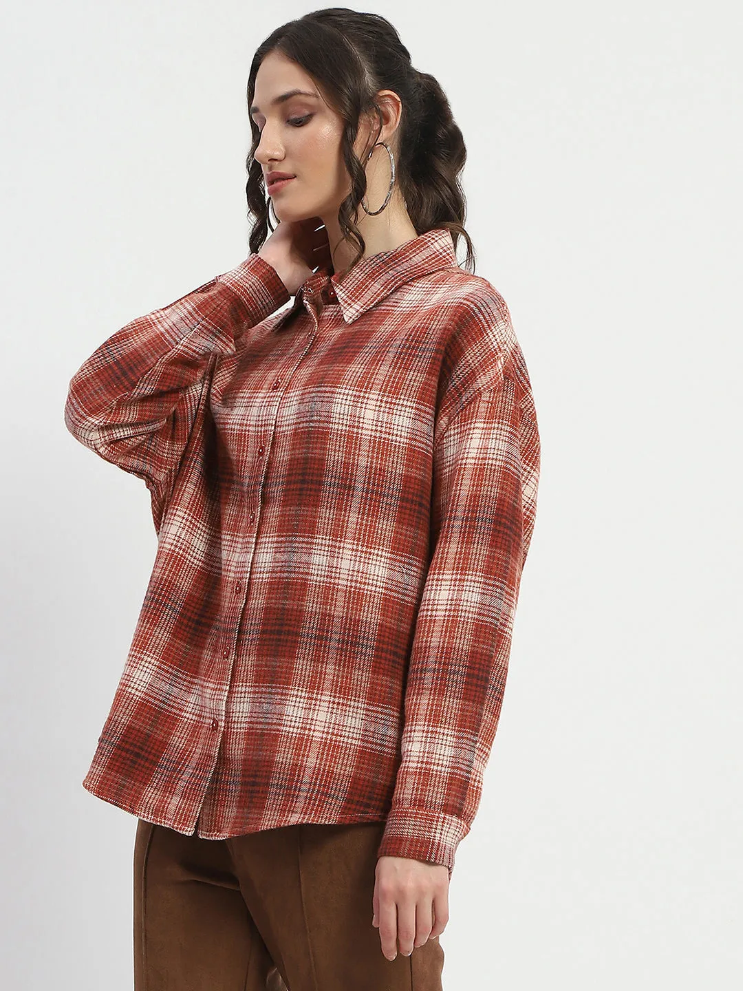 Madame Chequered Long Sleeved Cotton Brown Shirt