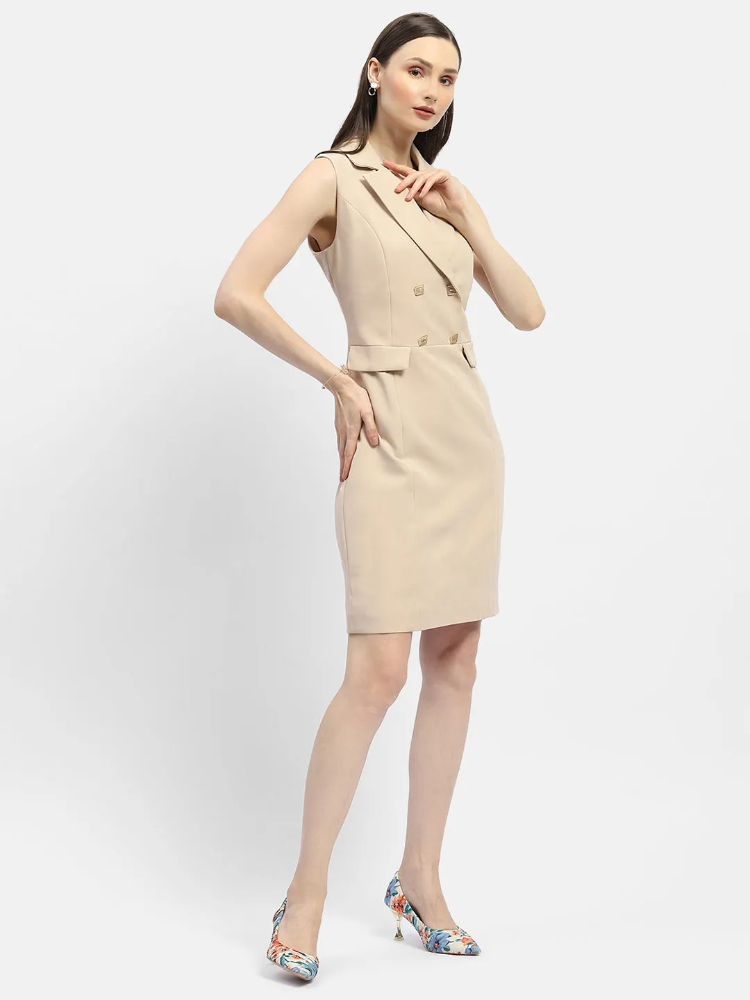 Madame Lapel Collar Beige Blazer Dress