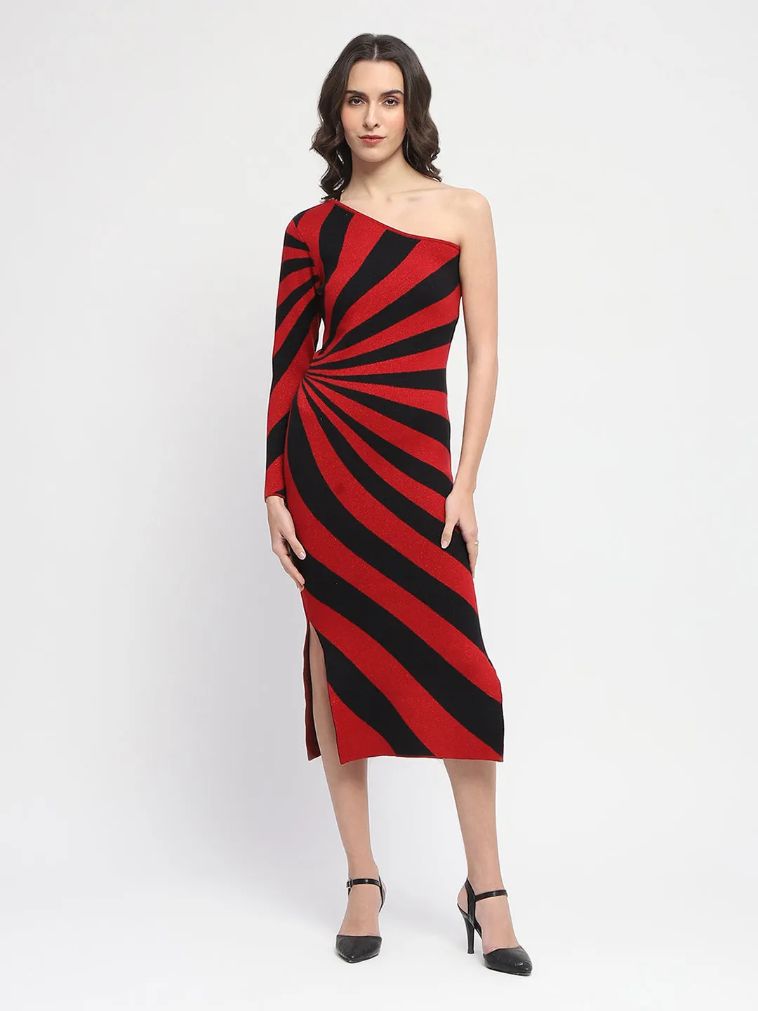 Madame Striped One Shoulder Red Dress