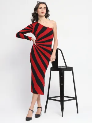 Madame Striped One Shoulder Red Dress