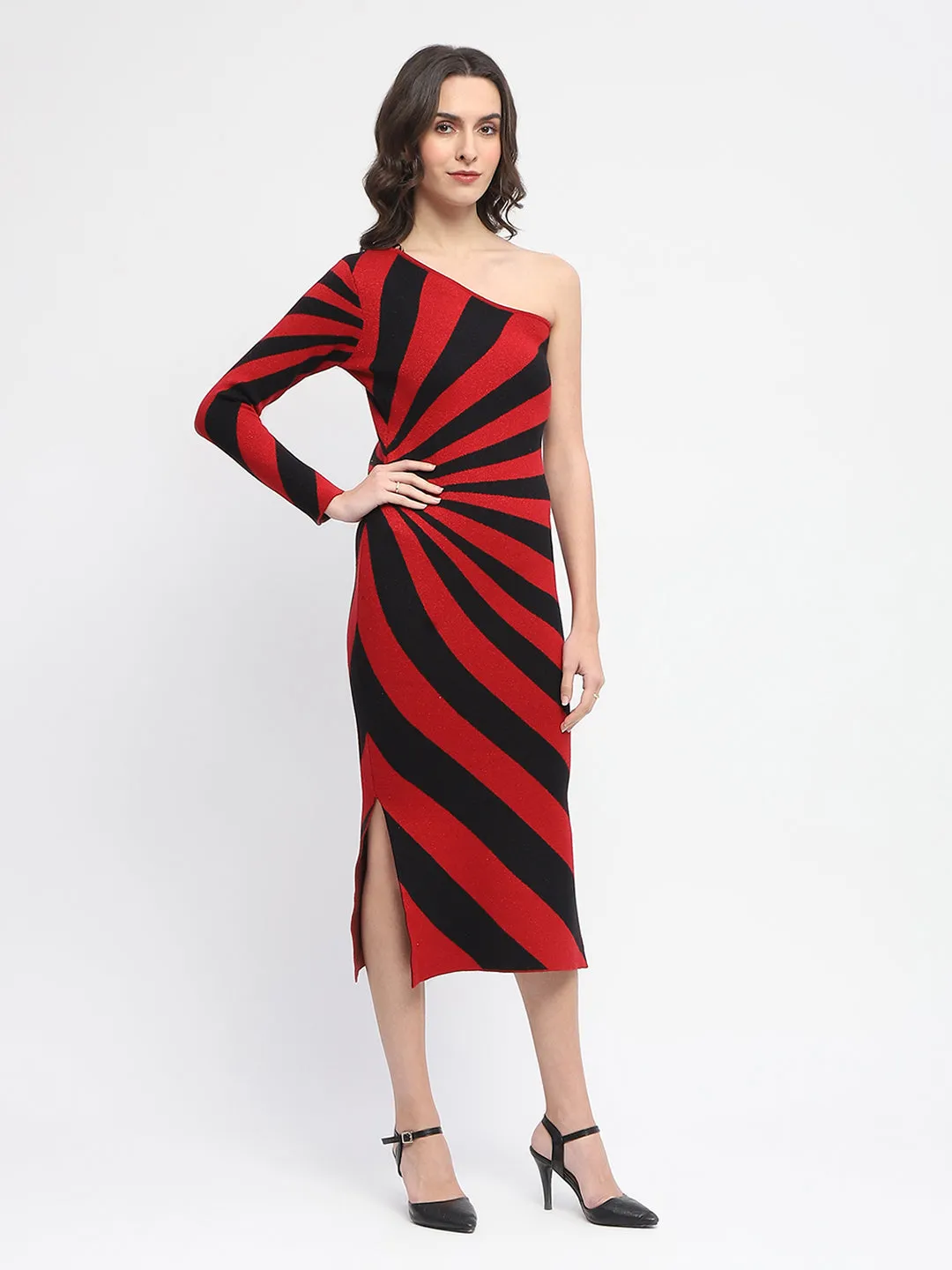 Madame Striped One Shoulder Red Dress
