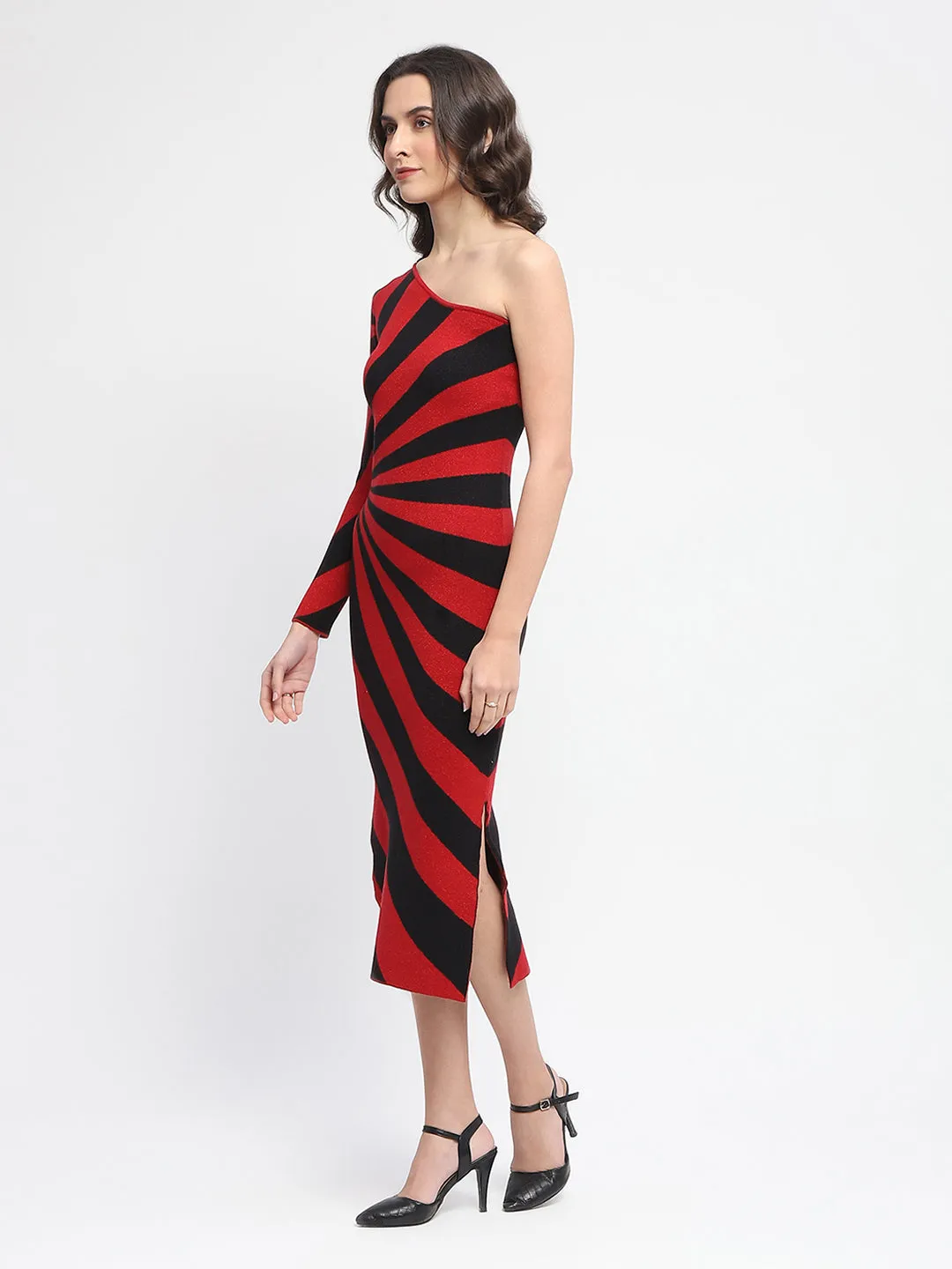 Madame Striped One Shoulder Red Dress