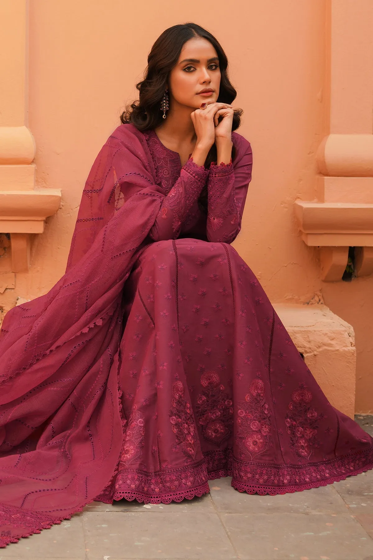 Maroon Embellished Long Frock with Dupatta Pakistani Party Dress