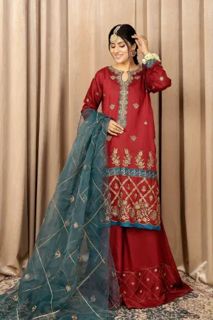 Maroon Embroidered Pakistani Kameez Sharara Dupatta Party Wear