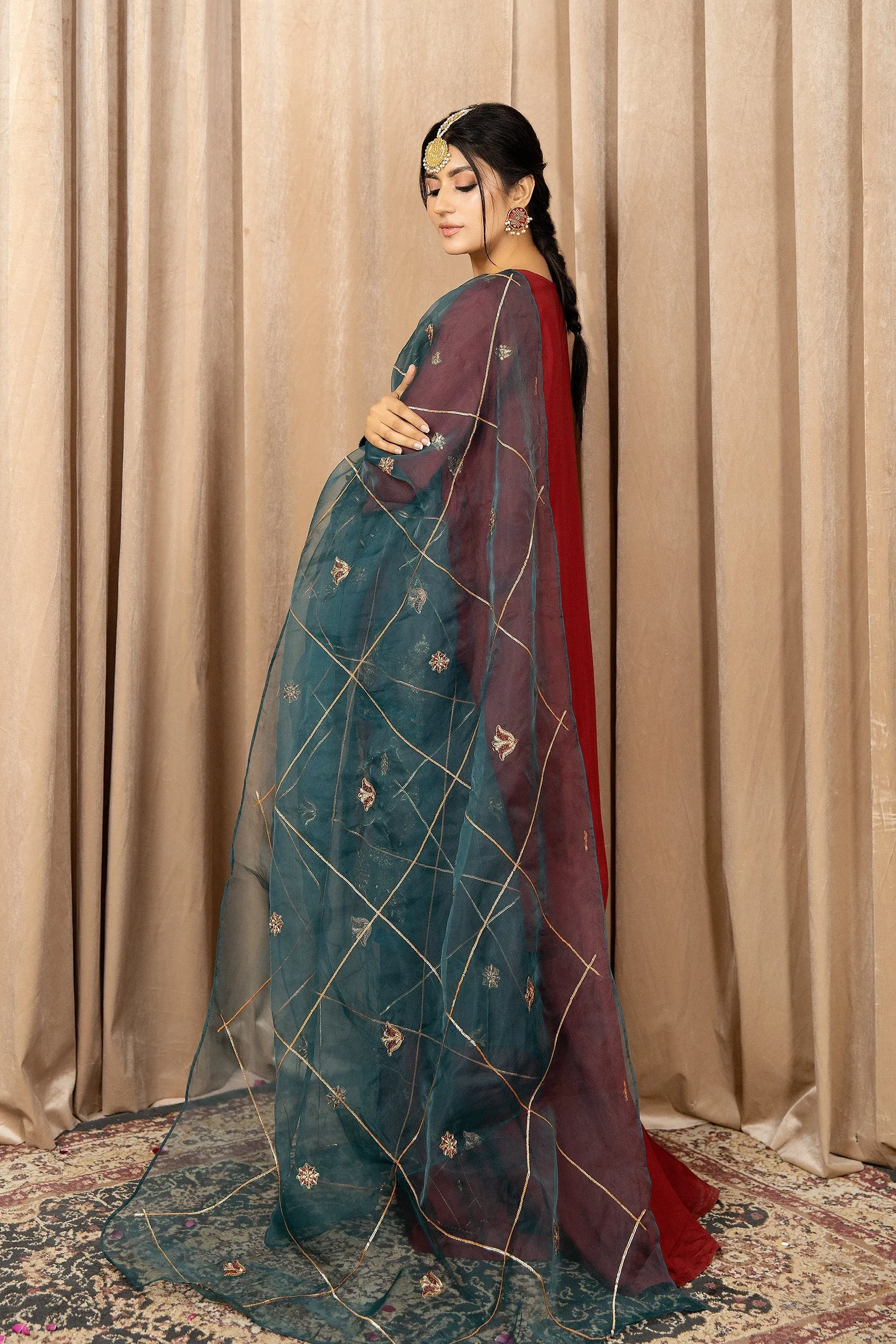Maroon Embroidered Pakistani Kameez Sharara Dupatta Party Wear
