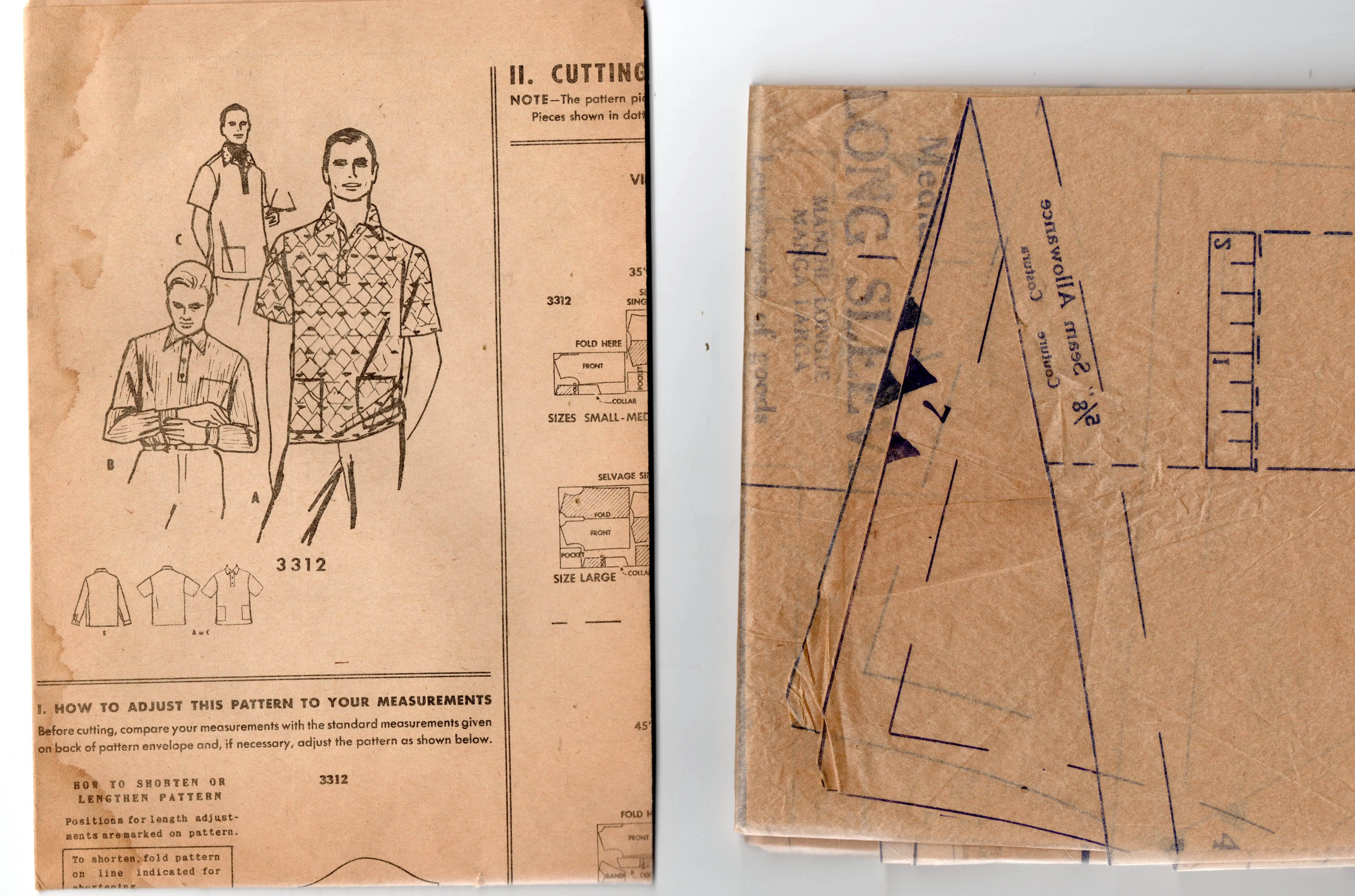 McCall's 3312 Mens Retro Tab Front Sports Shirts 1950s Vintage Sewing Pattern Chest 38 - 40 Inches
