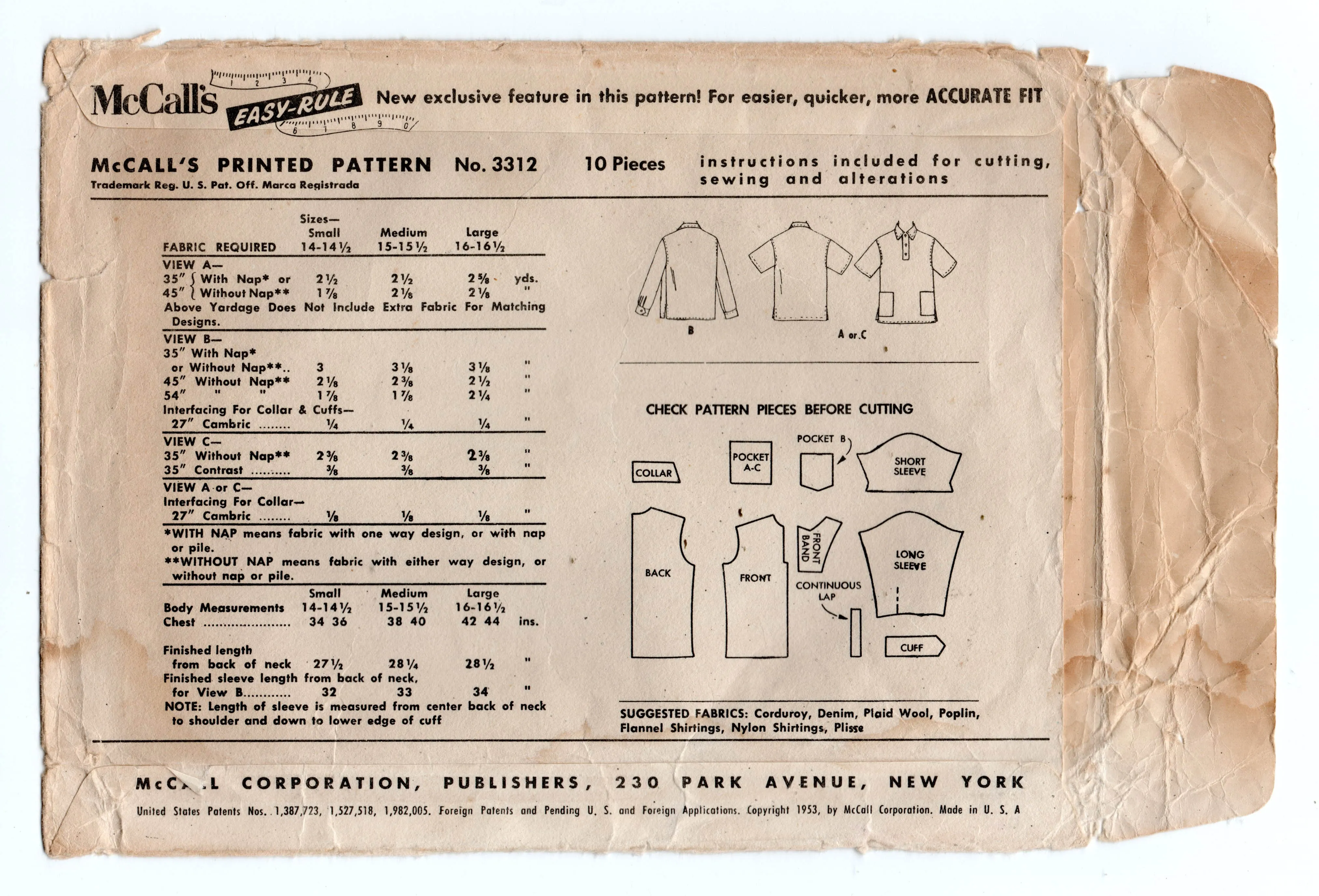 McCall's 3312 Mens Retro Tab Front Sports Shirts 1950s Vintage Sewing Pattern Chest 38 - 40 Inches