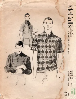 McCall's 3312 Mens Retro Tab Front Sports Shirts 1950s Vintage Sewing Pattern Chest 38 - 40 Inches
