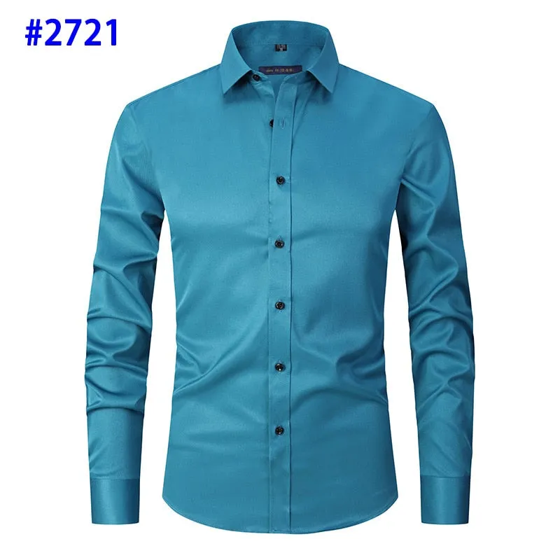 Men&#39;s Dress Shirts Casual Slim Fit Long Sleeve Male Social Shirts Comfortable Non Iron Solid Chemise Homme Blue
