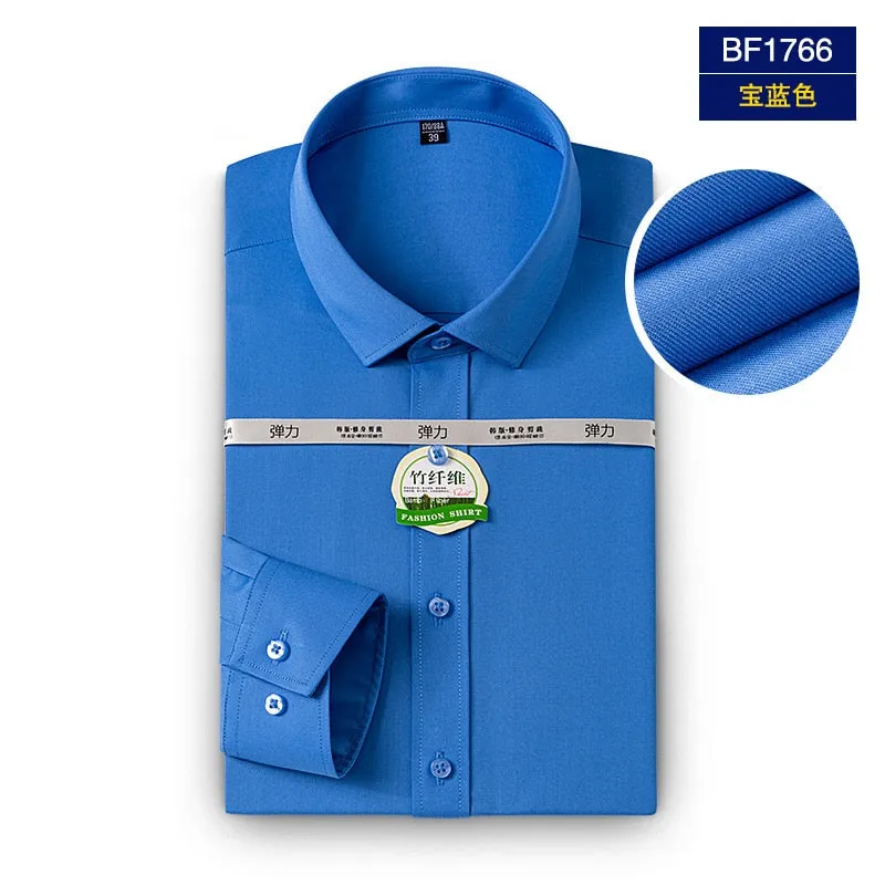 Men&#39;s Dress Shirts Casual Slim Fit Long Sleeve Male Social Shirts Comfortable Non Iron Solid Chemise Homme Blue