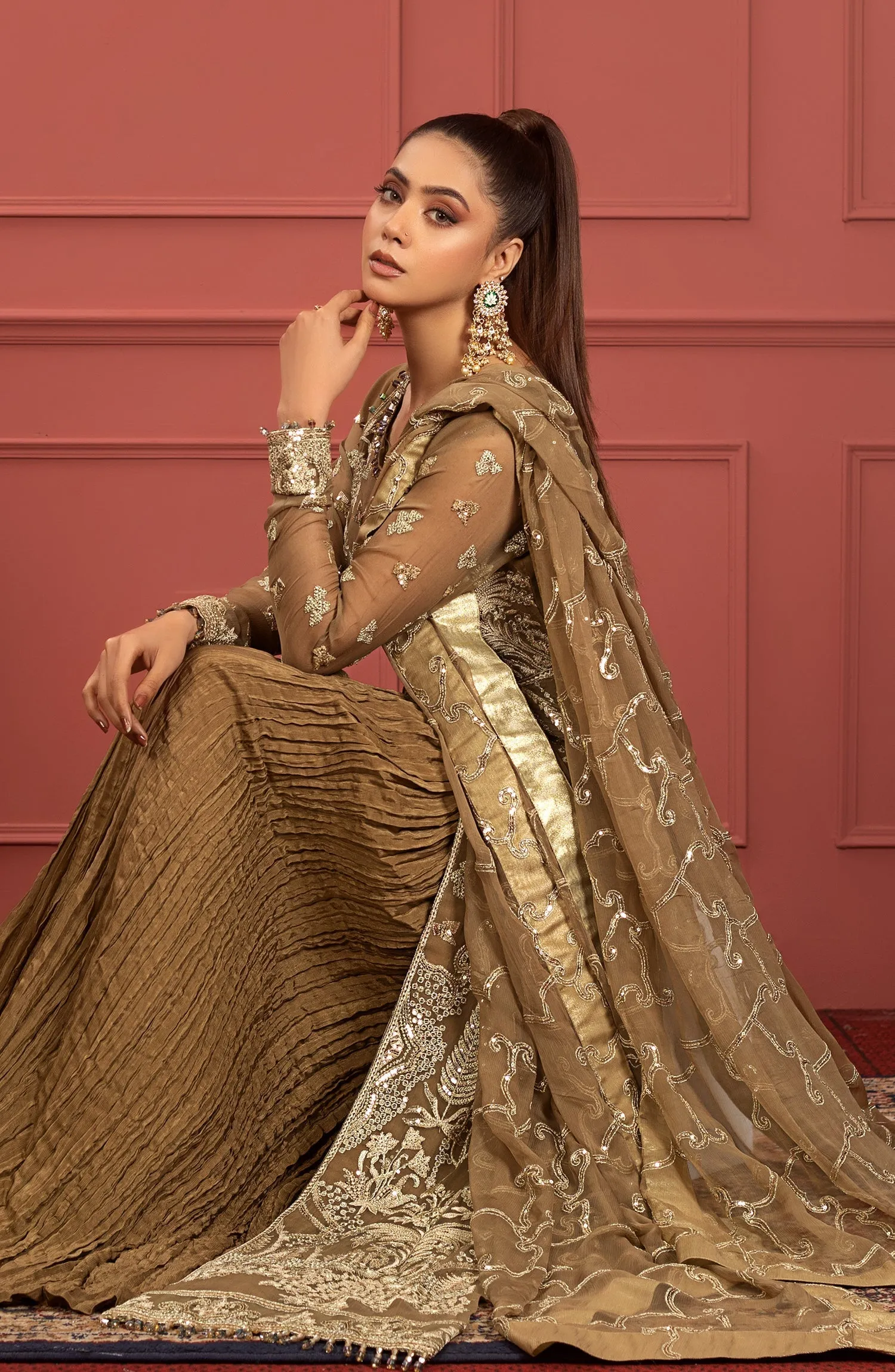 Mendi Brown Heavily Embellished Pakistani Long Shirt Party Wear