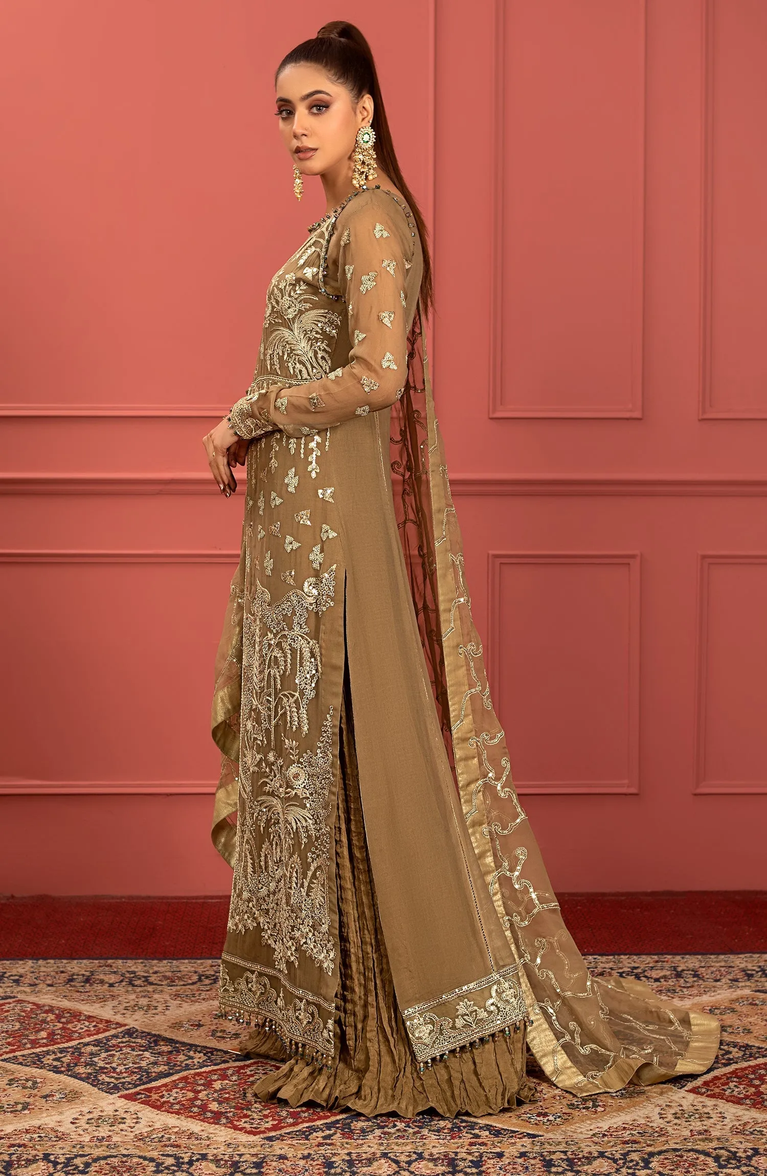 Mendi Brown Heavily Embellished Pakistani Long Shirt Party Wear