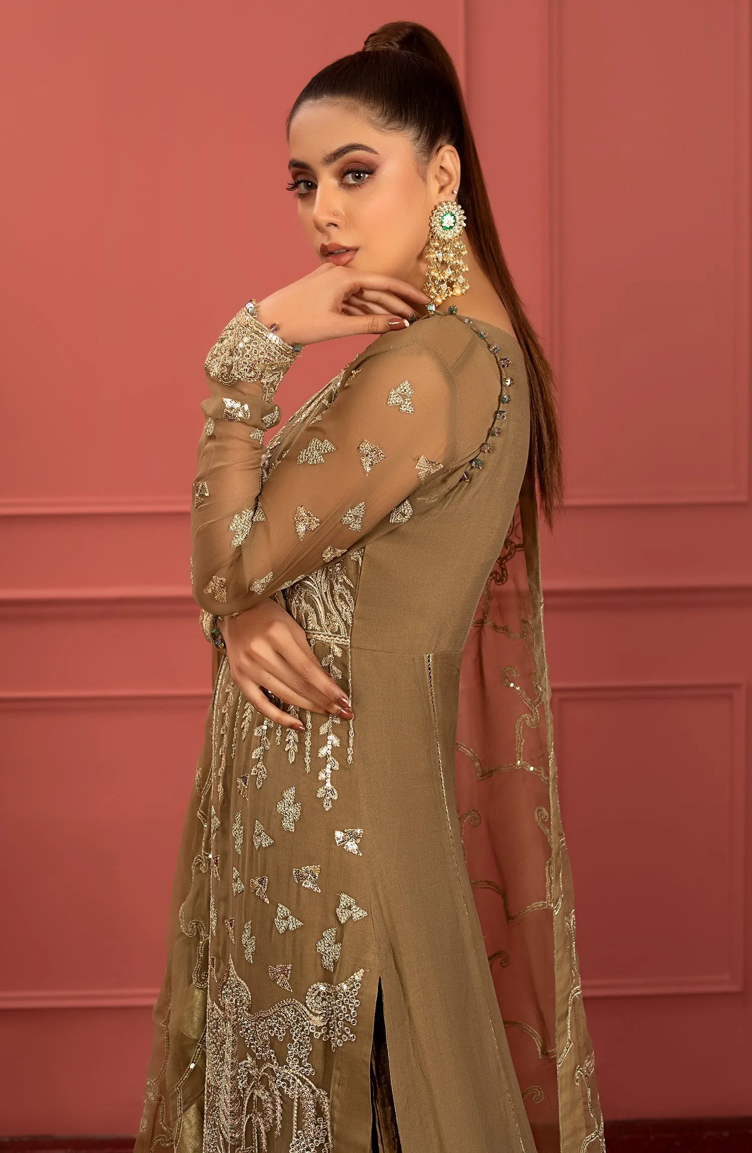 Mendi Brown Heavily Embellished Pakistani Long Shirt Party Wear