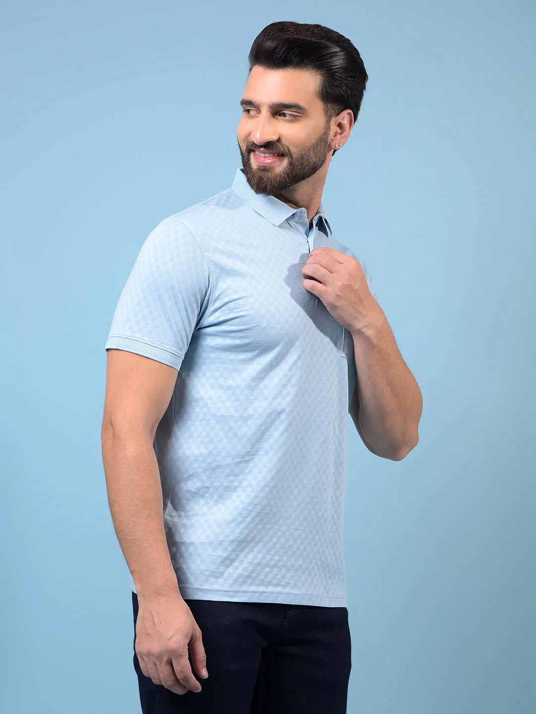 Men's Blue Jacquard Polo Neck 100% Cotton T-Shirt