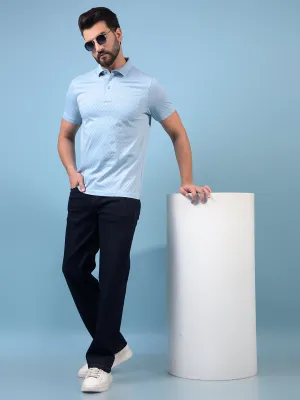Men's Blue Jacquard Polo Neck 100% Cotton T-Shirt