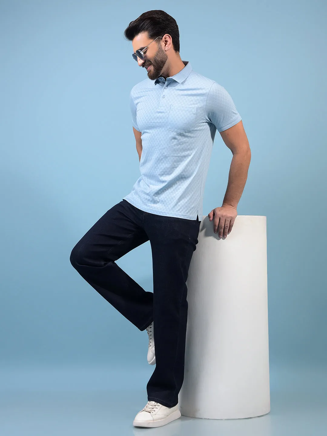 Men's Blue Jacquard Polo Neck 100% Cotton T-Shirt