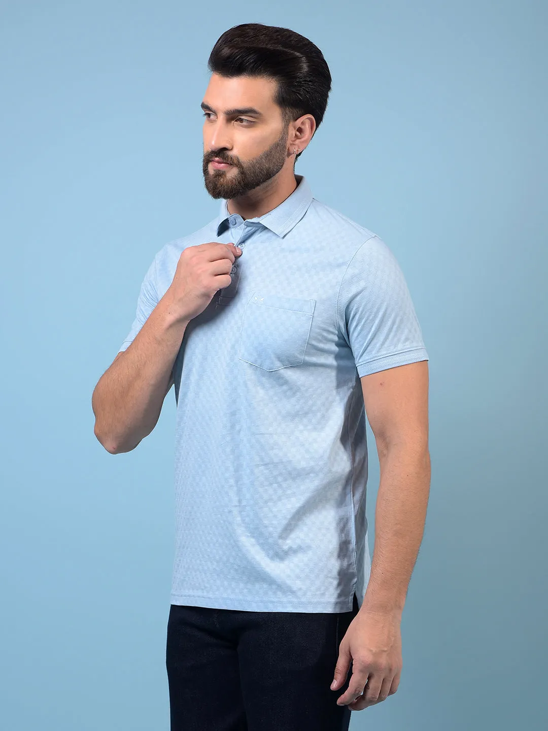 Men's Blue Jacquard Polo Neck 100% Cotton T-Shirt