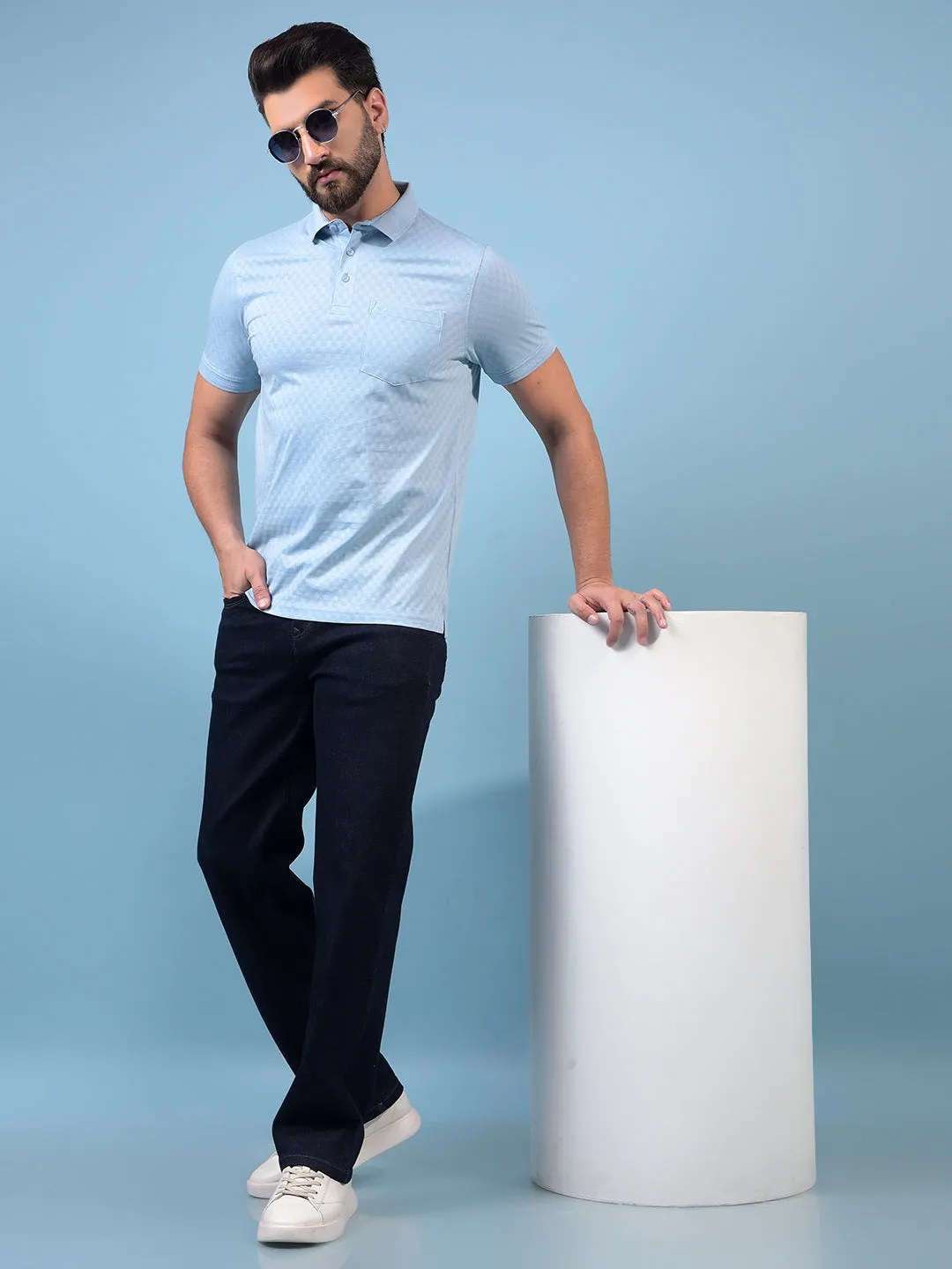 Men's Blue Jacquard Polo Neck 100% Cotton T-Shirt