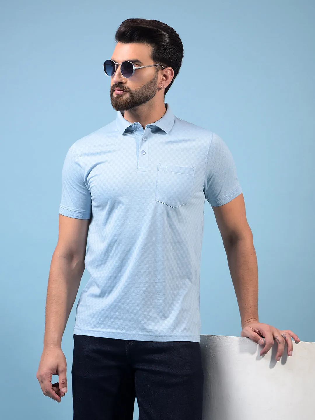 Men's Blue Jacquard Polo Neck 100% Cotton T-Shirt
