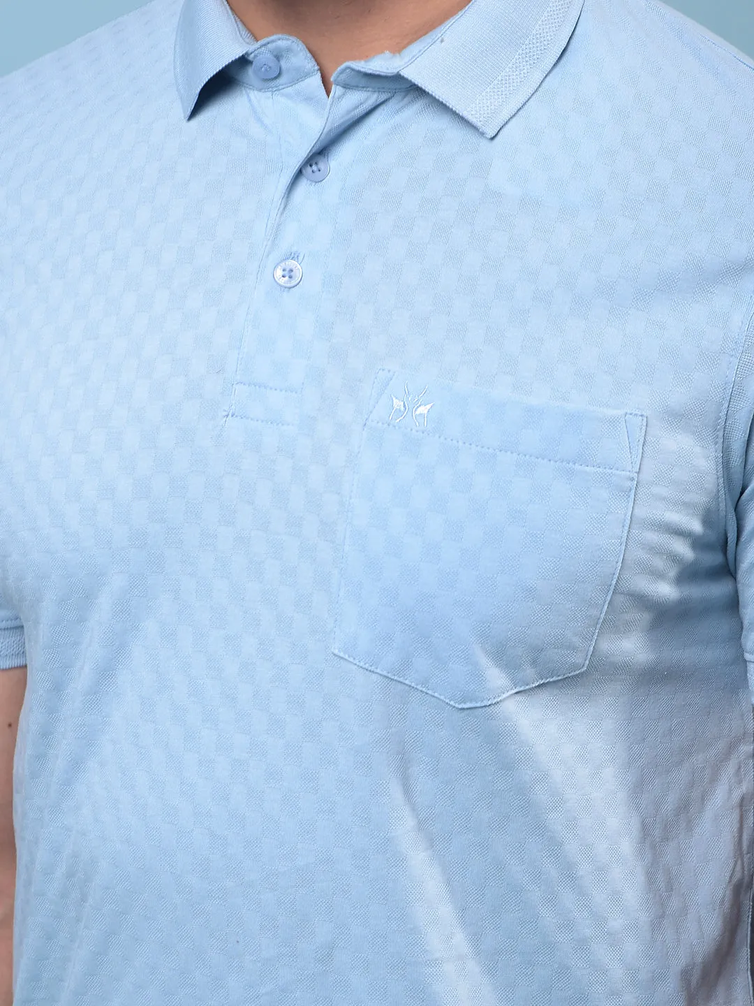 Men's Blue Jacquard Polo Neck 100% Cotton T-Shirt