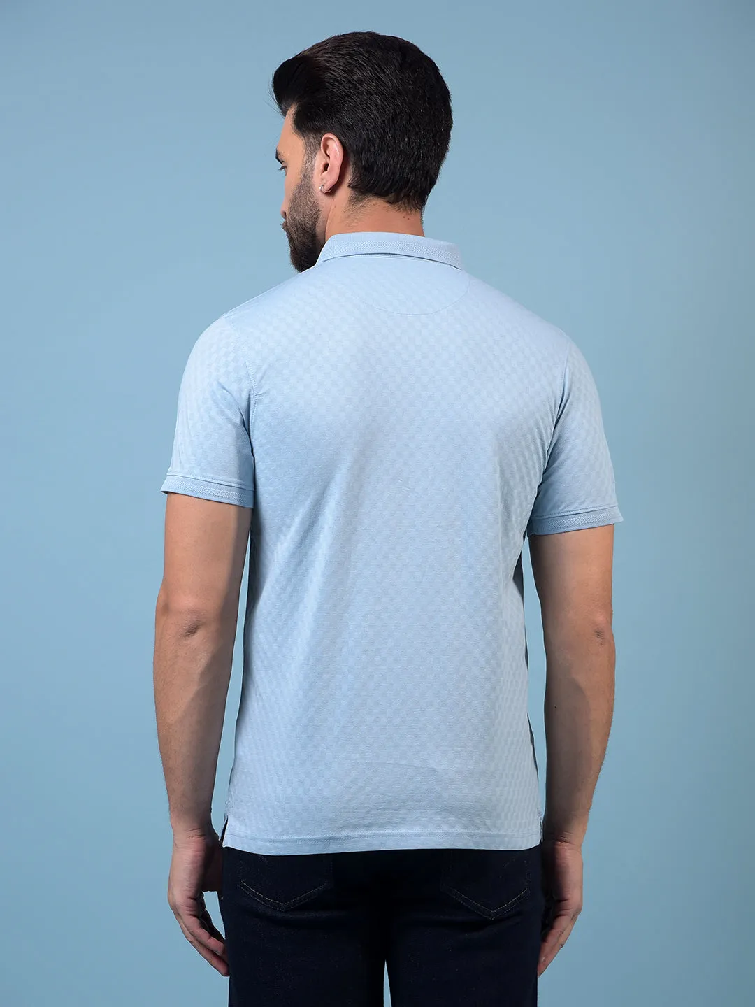 Men's Blue Jacquard Polo Neck 100% Cotton T-Shirt