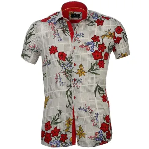 Men's Button down Tailor Fit Soft 100% Cotton Short Sleeve Dress Shirt Beige with Colorful Floral casual And Formal