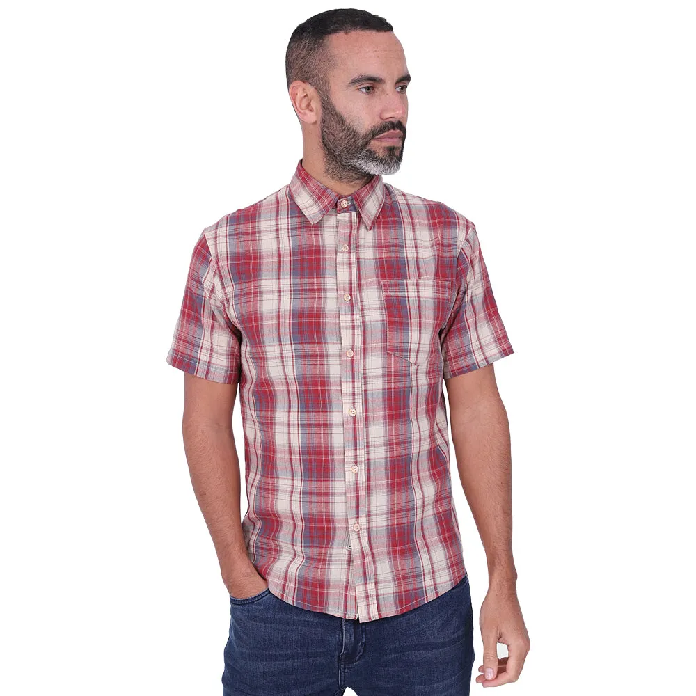 Men's Short Sleeve Checked Cotton Shirt - Blue / Tan