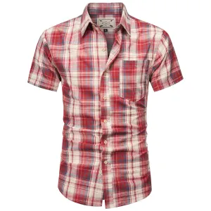 Men's Short Sleeve Checked Cotton Shirt - Blue / Tan