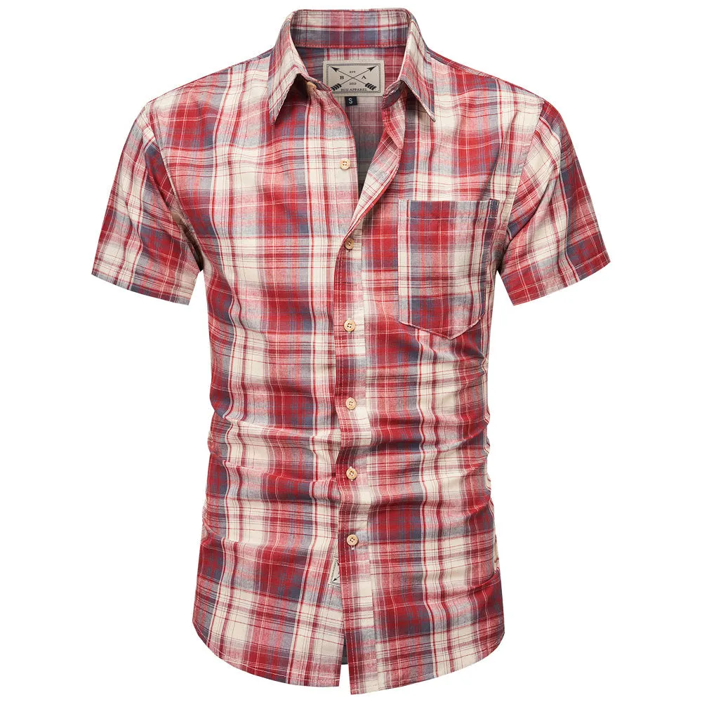 Men's Short Sleeve Checked Cotton Shirt - Blue / Tan