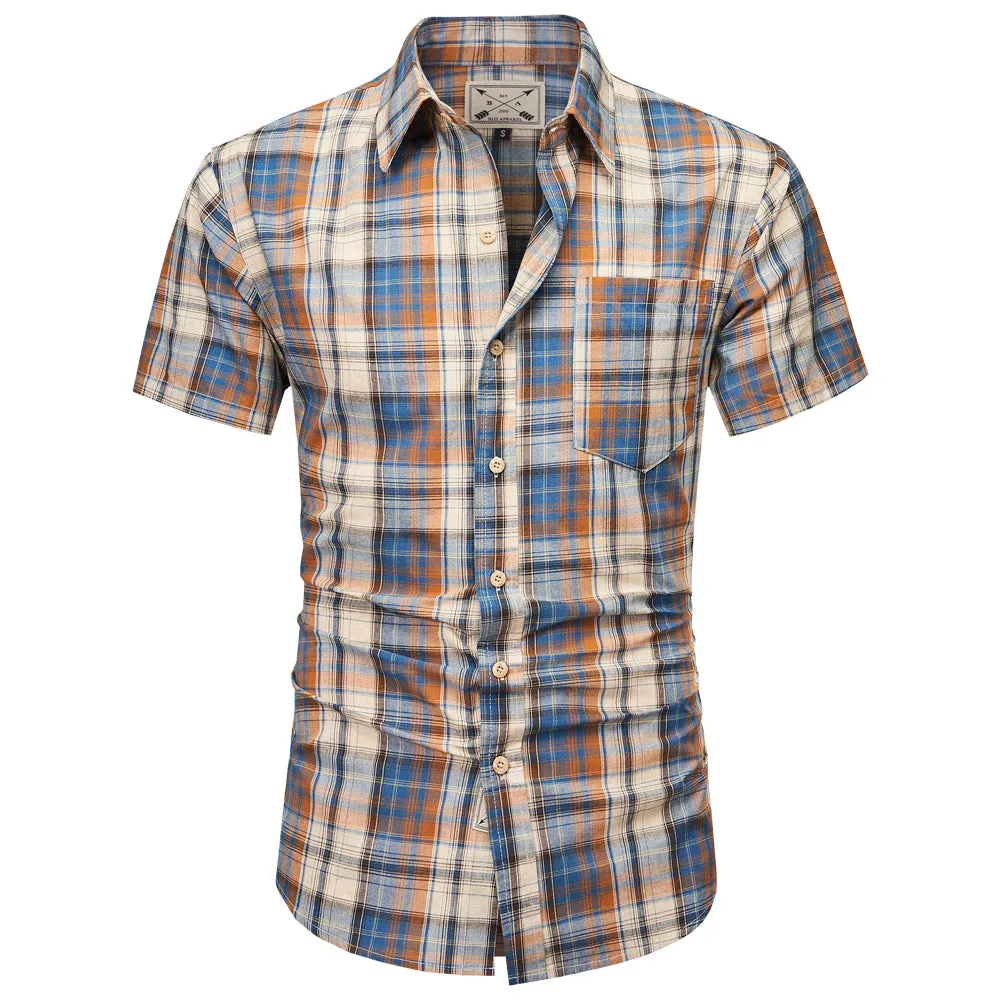 Men's Short Sleeve Checked Cotton Shirt - Blue / Tan