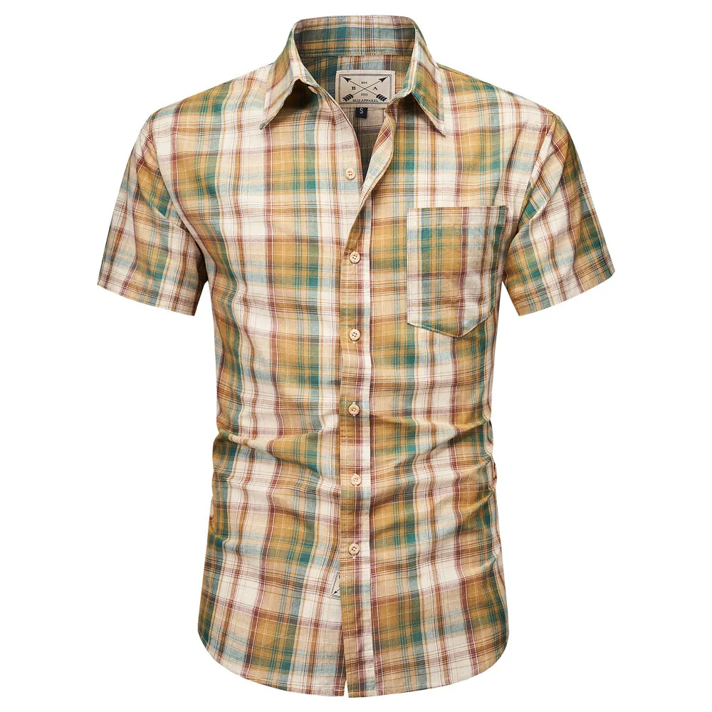 Men's Short Sleeve Checked Cotton Shirt - Blue / Tan
