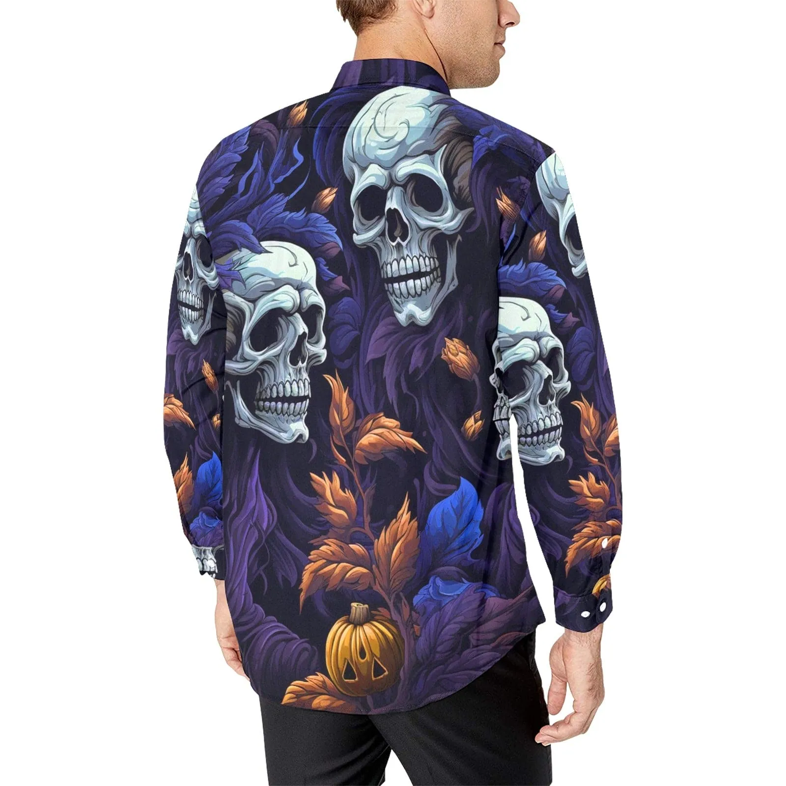 Men's Skulls Blue Long Sleeve Dress Shirt