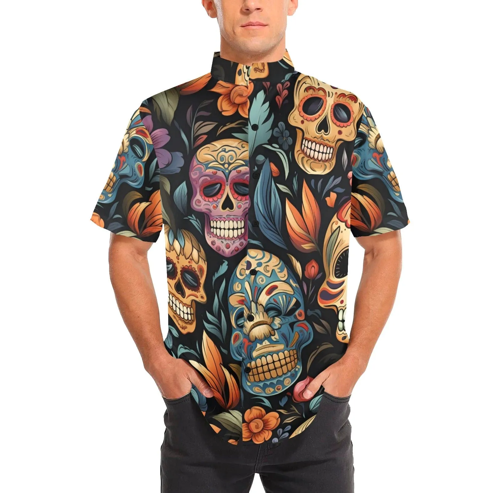 Men's Sugar Skulls Short Sleeve Stand-Up Collar Shirt