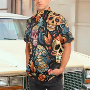 Men's Sugar Skulls Short Sleeve Stand-Up Collar Shirt
