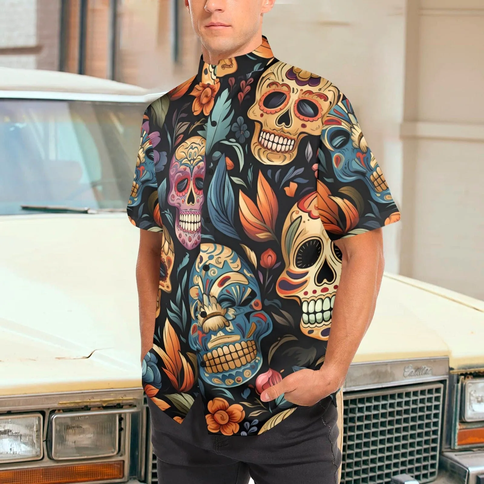 Men's Sugar Skulls Short Sleeve Stand-Up Collar Shirt