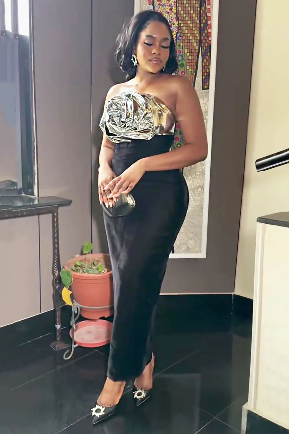Metallic Rosette Patchwork Bodycon Party Maxi Tube Dresses-Black [Pre Order]