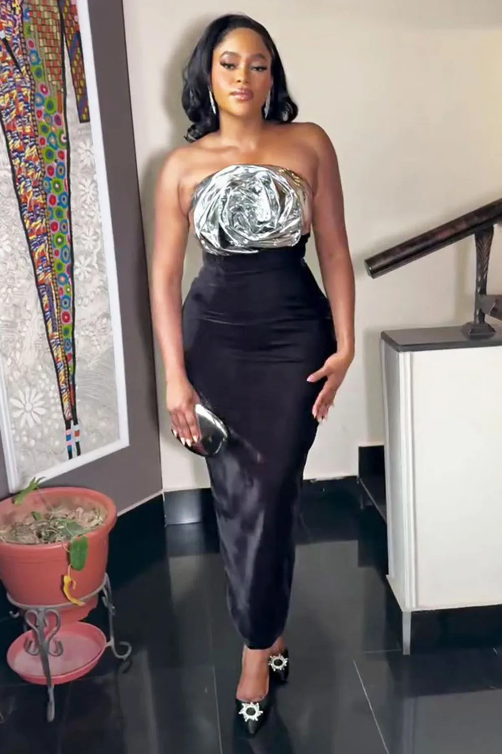 Metallic Rosette Patchwork Bodycon Party Maxi Tube Dresses-Black [Pre Order]