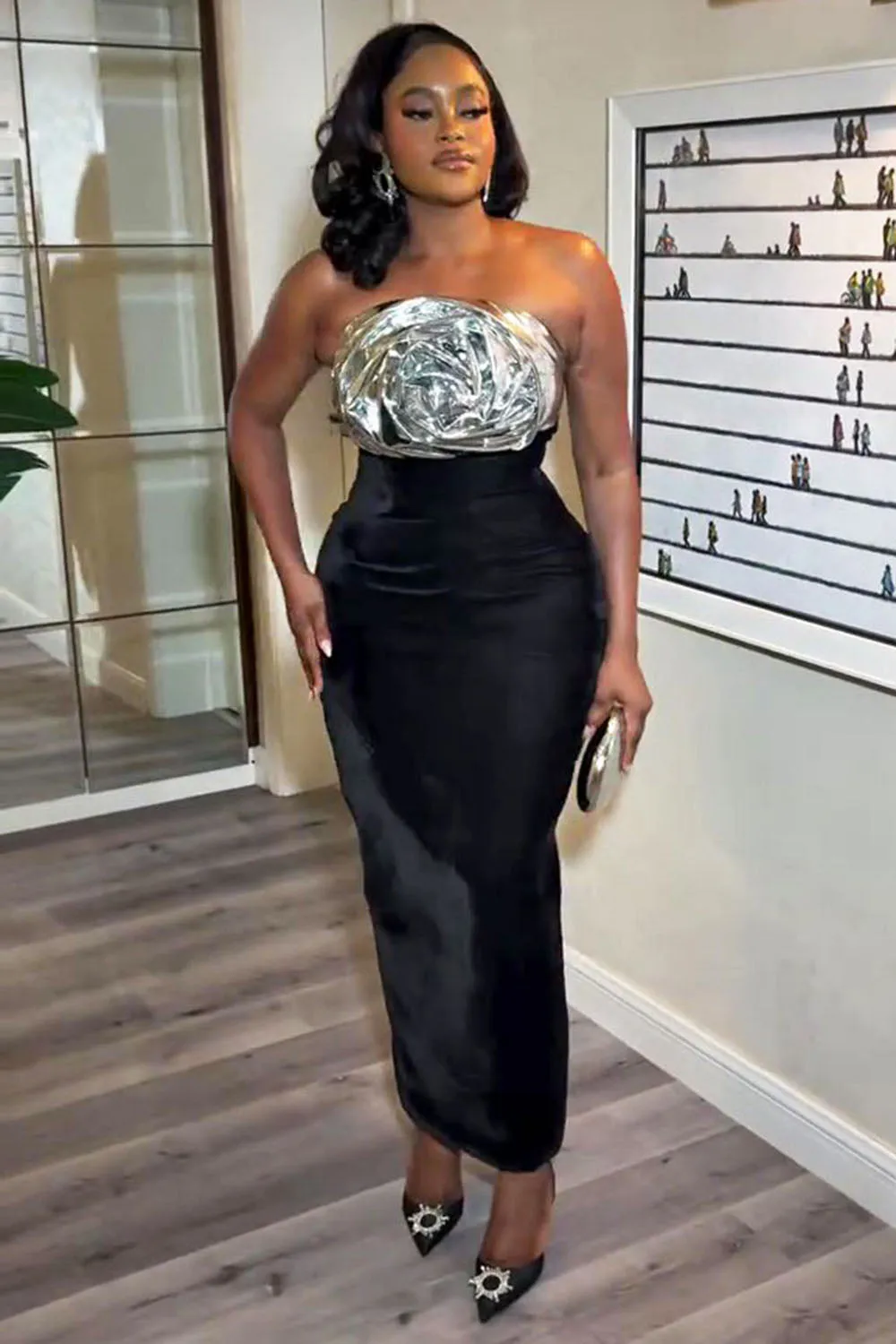 Metallic Rosette Patchwork Bodycon Party Maxi Tube Dresses-Black [Pre Order]