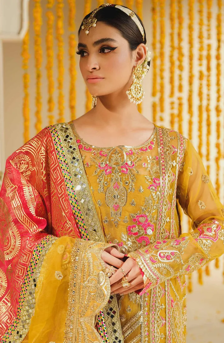 Multicolored Embroidered Yellow Pakistani Kameez Wedding Dress